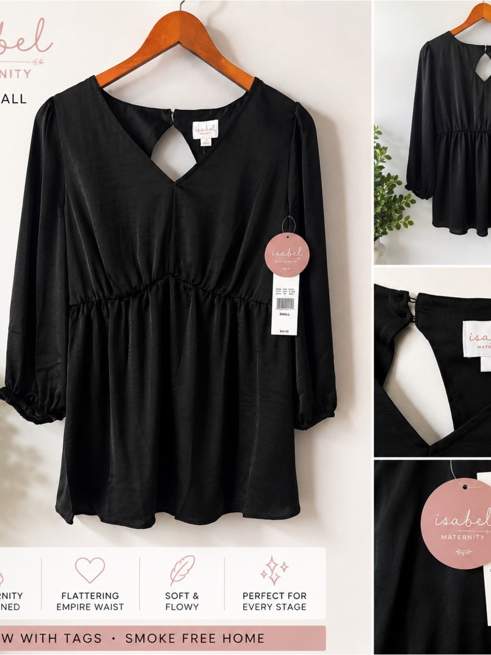 Isabel Maternity Black Babydoll Top – Size Small – NWT